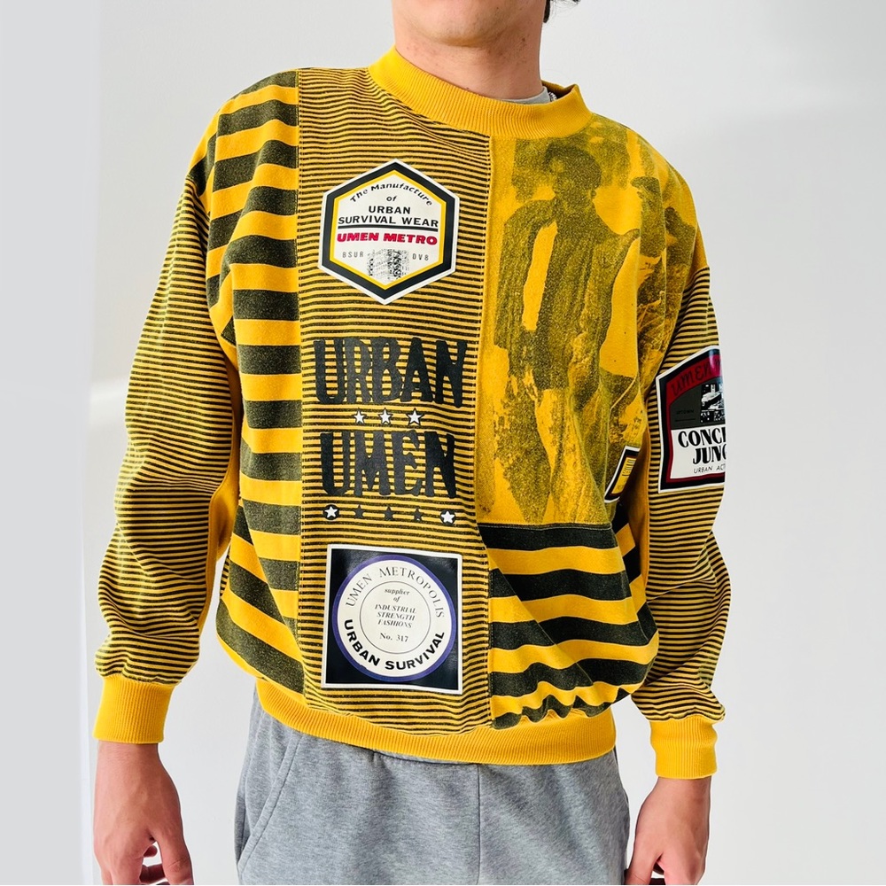 Umen Vintage 80’s 90’s Urban Printed Yellow Black Crew Neck Sweater Rare Medium
